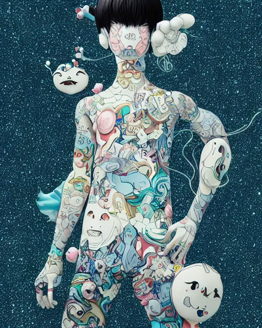Image similar to james jean isolated deepdream vinyl figure harajuku style boy girl character design, figure photography, dynamic pose, holographic undertones, glitter accents on figure, anime stylized, accurate fictional proportions, high delicate defined details, ethereal lighting