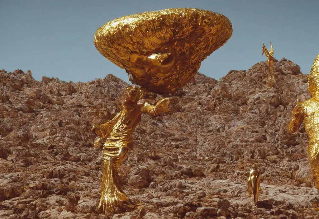 Prompt: mick jagger dressed in golden costume with jewels in a dry rocky desert landscape, with alien sand city designed by giger and giant alien spaceship in the sky attacks the earth by christopher doyle and alejandro jodorowsky, anamorphic lens, kodakchrome, cinematic composition, masterpiece, 8 k