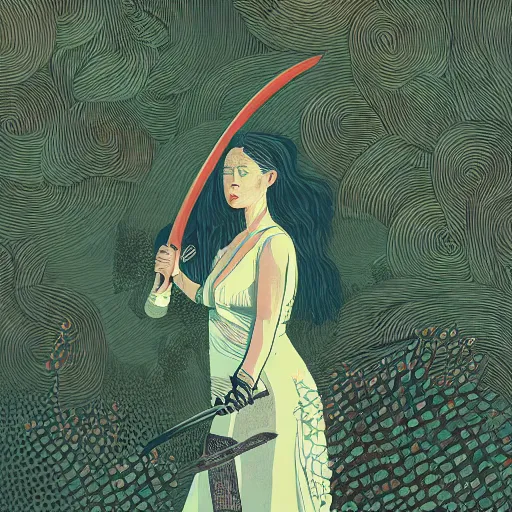 Image similar to A ultra detailed illustration of A woman holding a machete, by Victo Ngai, trending on ArtStation,