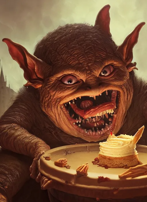 Image similar to highly detailed closeup portrait of a medieval goblin eating cakes, stephen bliss, unreal engine, greg rutkowski, ilya kuvshinov, ross draws, hyung tae and frank frazetta, tom bagshaw, tom whalen, nicoletta ceccoli, mark ryden, earl norem, global illumination, god rays, detailed and intricate environment