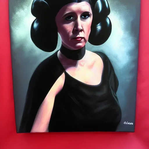 Prompt: black velvet painting of princess leia, photorealism,