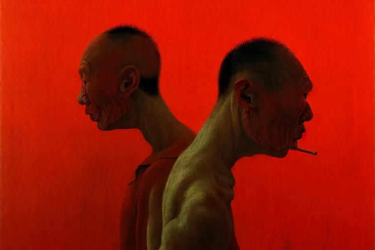 Prompt: a chinese prisoner, in the style of beksinski, parts by edward hopper, parts by rodcenko, parts by yue minjun, intricate and epic composition, symmetrical, red by caravaggio, insanely quality, highly detailed, masterpiece, red light, artstation, 4 k