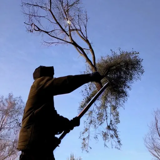 Prompt: a man cutting a tree with a lightsaber