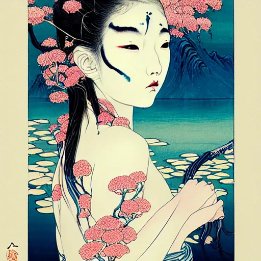 Image similar to prompt: beautiful girl in lake with light up face painted in Hokusai style drawn by Vania Zouravliov and Takato Yamamoto, nymph in the water, small flowers around and on the side, intricate oil painting, high detail, Neo-expressionism, post-modern gouache marks on the side, gnarly details soft light, white background, intricate detail, intricate ink painting detail, sharp high detail, manga and anime 2000