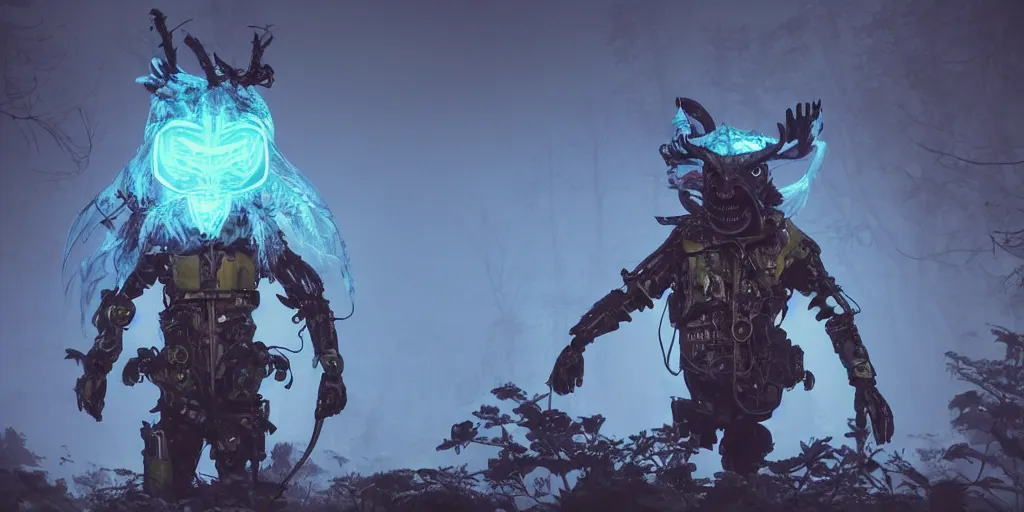 Image similar to 3 d scene of forest hunting for monster. gamekeeper wearing a steampunk and neonpunk mechanical fluorescent mystical animal mask and exoskeleton. bio luminescent, plasma, ice, water, wind, creature, artwork by tooth wu and wlop and beeple and greg rutkowski, ambient occlusion, award winning photograph, epic cinematic shot