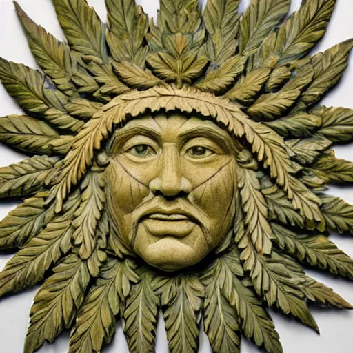 Image similar to deeply carved and stained, highly detailed wood carving depicting the face of the green man, as if made of cannabis fan leaves, resting in a bed of real cannabis leaves