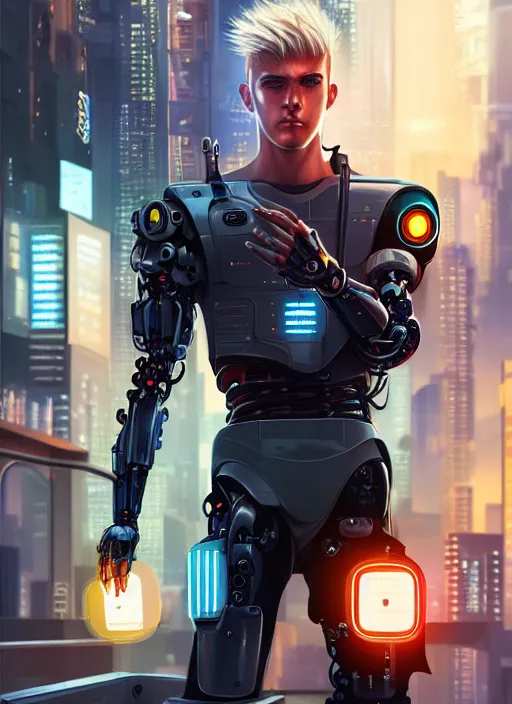 Prompt: photo of cyberpunk blonde male teenager fighting a robot in the style of stefan kostic, realistic, sharp focus, 8 k high definition, insanely detailed, intricate, elegant, art by stanley lau and artgerm