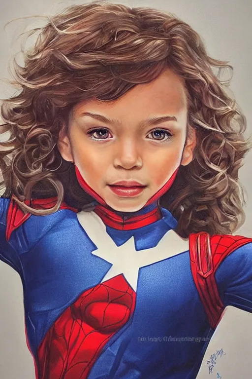 Prompt: a little girl with a mischievous face and light brown curly wavy hair. she is dressed as captain america, spider - man, batman, captain marvel, a superhero. clean elegant painting, beautiful detailed face. by artgerm and steve ditko