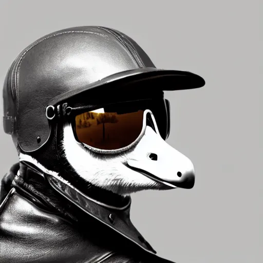 Image similar to A goose bird wearing leather aviator\'s hat, riding a motorbike, high speed effect, cinematic lighting, photo realistic image, 4K, super detailed, cinematic look, H 1024