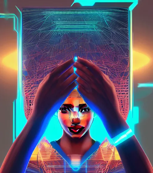 Image similar to symmetry!! egyptian prince of technology, solid cube of light, hard edges, product render retro - futuristic poster scifi, lasers and neon circuits, brown skin man egyptian prince, intricate, elegant, highly detailed, digital painting, artstation, concept art, smooth, sharp focus, illustration, dreamlike, art by artgerm