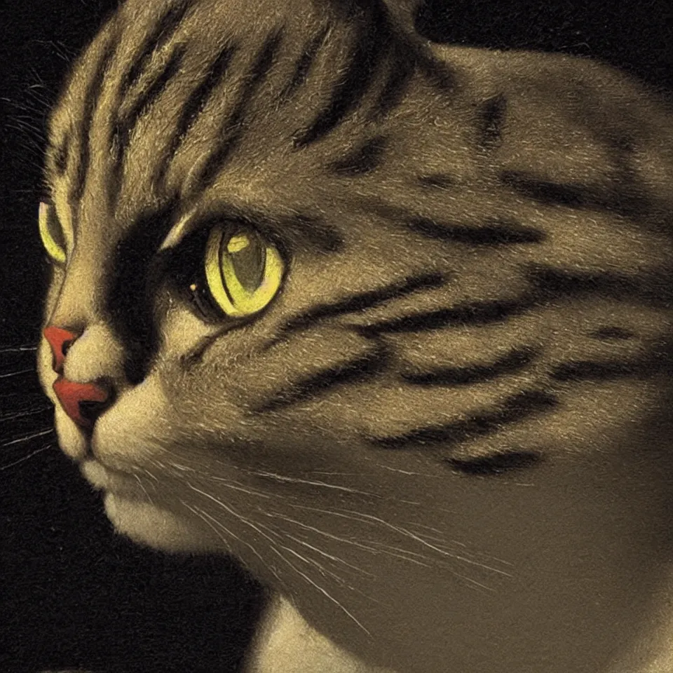 Prompt: close up portrait of a cat by vermeer. black background, three - point lighting, enchanting, realistic features, realistic proportions.