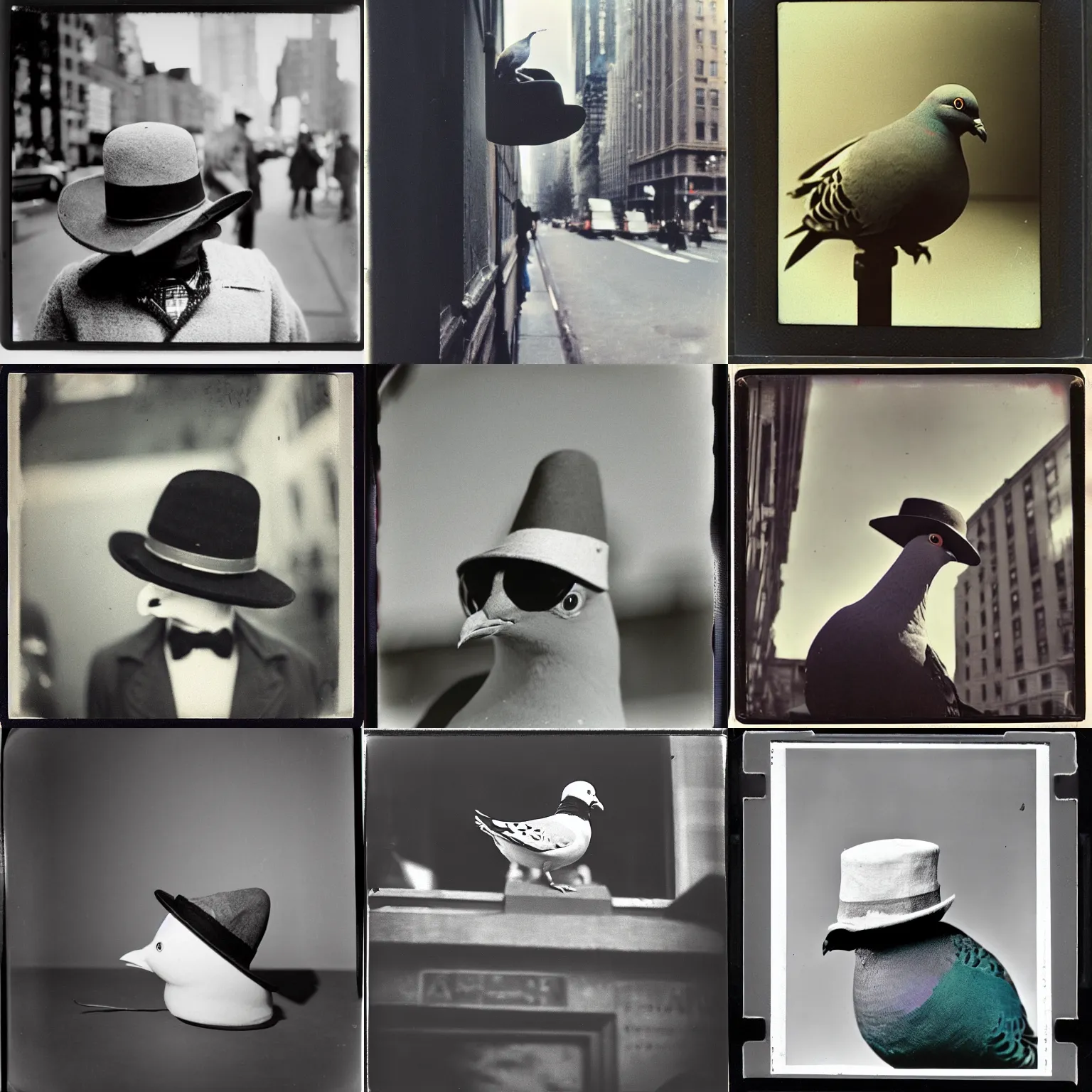 Prompt: wide shot very low angle eyesight photo of a pigeon in a hat at the street in new york polaroid photo by andy warhol, ant's eye