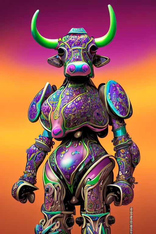 Prompt: detailed nacreous hard shell anthropomorphic warrior cow mecha with udders. mathias kollros mark winters villeneuve lie setiawan lius lasahido manuel castanon. portrait vivid intricate vibrant elaborate inks unreal engine render.