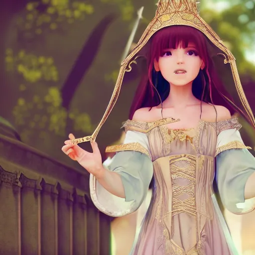 Image similar to a very detailed, ultra-realistic, pleasant, beautiful, funny, smooth 3D CG render, semirealistic anime style, close-up of a gorgeous, cute, gentle, noble priestess magician princess girl wearing dress and jewelry, in a glorious magic kingdom with castle and walls, relaxing calm vibes, fairytale, octane render