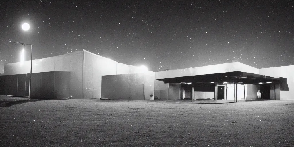 Image similar to low angle shot of a space port at night, set design by Ed Wood, in the style of Jim Jarmusch, shot on film, grainy, hyperrealistic