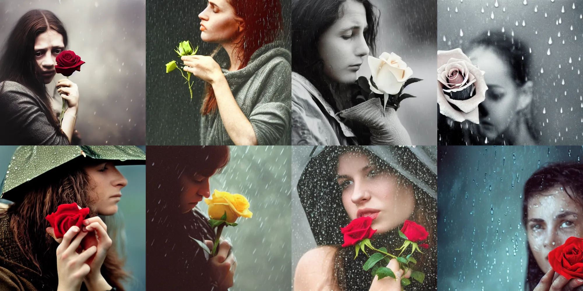 Prompt: a close - up of a young woman clutching a small rose in the rain!!, photorealistic, tears, photo by annie leibovitz, moody