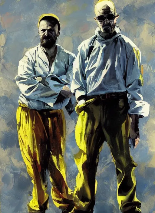 Image similar to walter white and jesse pinkman cooking meth, smoke, painting by phil hale, fransico goya,'action lines '!!!, graphic style, visible brushstrokes, motion blur, blurry, visible paint texture, crisp hd image