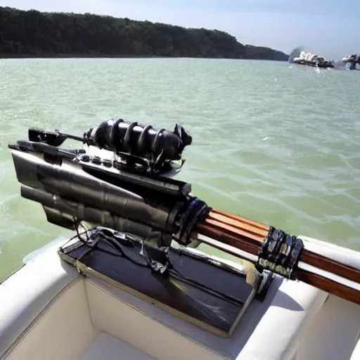 Prompt: speedboat m134 minigun m134 minigun mounted on a speedboat m134 minigun on top of a speedboat speedboat with a m134 minigun mounted m134 minigun