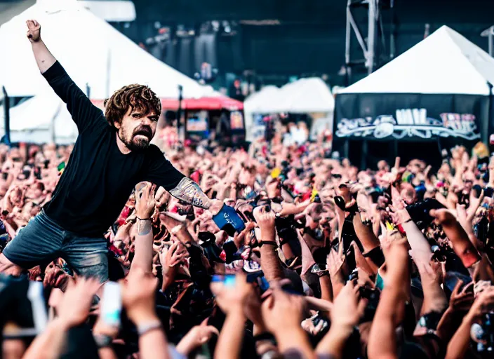 Image similar to photo still of peter dinklage at the vans warped tour!!!!!!!! at age 3 6 years old 3 6 years of age!!!!!!!! stage diving into the crowd, 8 k, 8 5 mm f 1. 8, studio lighting, rim light, right side key light