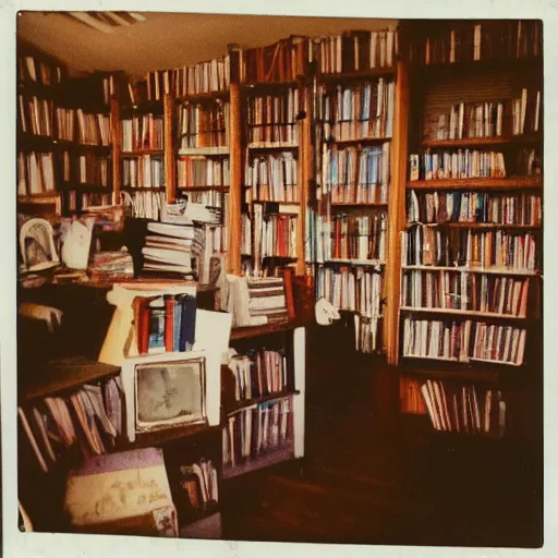 Prompt: polaroid of messy library, poltergeist, liminal, crouching bride in the center, goetic sigils on walls.