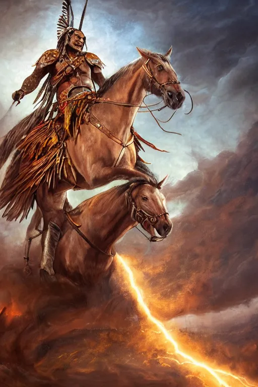 Prompt: fantasy character concept portrait, digital painting, wallpaper of a native american warrior on a horse from death, with skin of obsidian, with veins of magma and gold, renaissance nimbus overhead, by aleksi briclot, by laura zalenga, by alexander holllow fedosav, 8 k dop dof hdr, vibrant