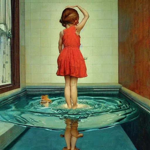 Prompt: a girl levitating in a room full of water extremely detailed masterpiece, Roger Deakin’s cinematography, oil on canvas, Norman Rockwell