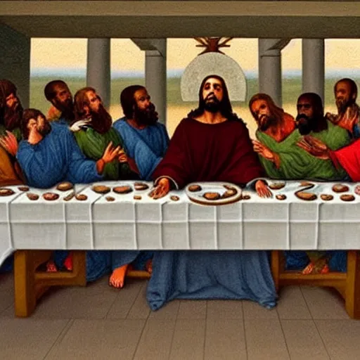 Image similar to kanye west replaces jesus christ in the last supper painting