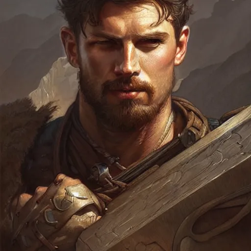 Image similar to portrait of a rugged ranger, muscular, upper body, D&D, fantasy, intricate, elegant, highly detailed, digital painting, artstation, concept art, matte, sharp focus, illustration, art by Artgerm and Greg Rutkowski and Alphonse Mucha