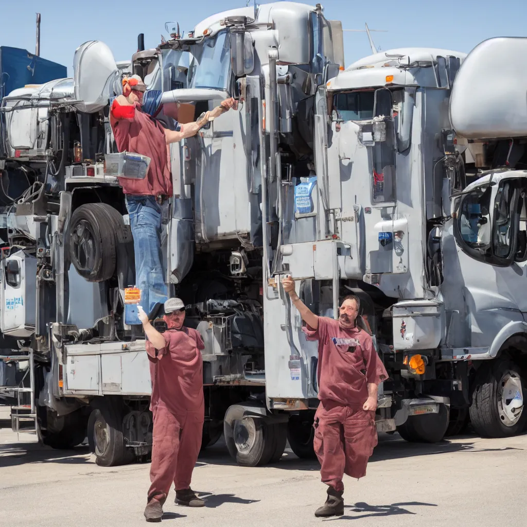 Prompt: truck driver at a truck stop giving thumbs up while pumping fuel in the background