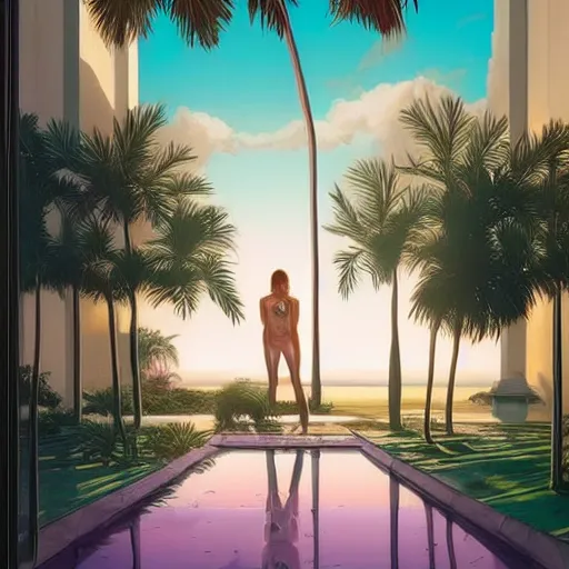 Image similar to indoor space, golden light, greg rutkowski, palm trees, pink door, minimalistic, hyperrealistic surrealism, award winning masterpiece with incredible details, epic stunning, infinity pool mirrors, a surreal vaporwave miami vice space, highly detailed, trending on artstation, artgerm and greg rutkowski and alphonse mucha, daily deviation