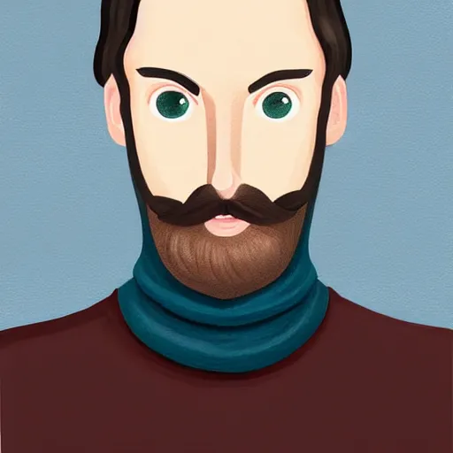 Image similar to gangly man with short dark blond wavy hair, dark blond beard, small chin, rectangular face, thin lips, English heritage, small blue eyes, middle aged, wearing a turtleneck and jacket, pale skin, narrow face, digital art, painterly, cartoon, cute, 8k, illustration, art by loish, painterly, trending on artstation, medium shot, uncropped