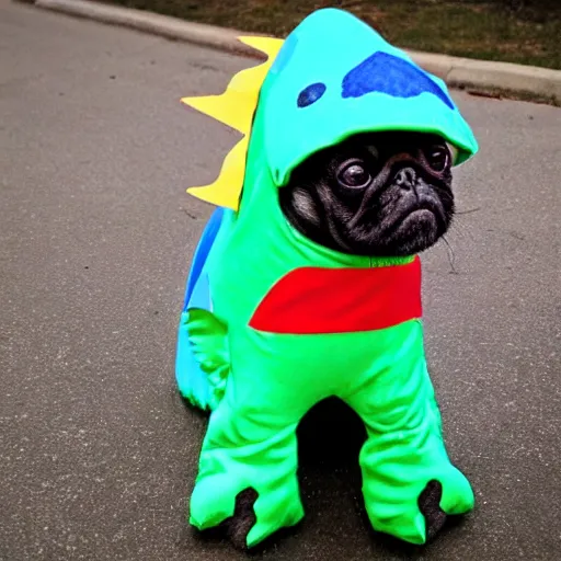 Image similar to a pug wearing a dinosaur costume, photo