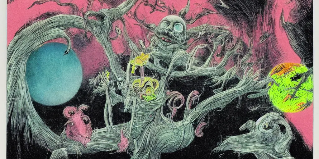 Image similar to dawn of creation ; first atom ; beings of light and darkness ; ethereal plane. bright neon colors. illustrated by maurice sendak and stephen gammell and junji ito and dr seuss