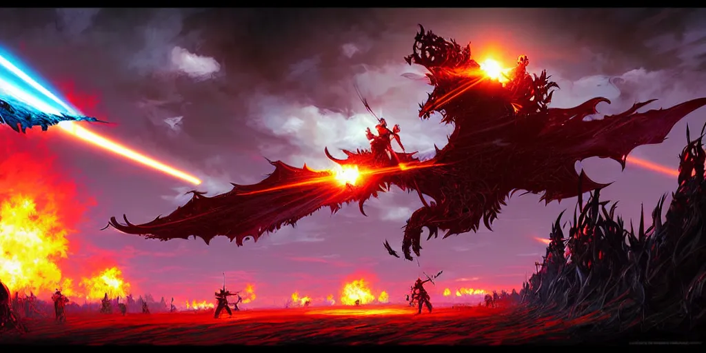 Prompt: guild wars 2, cinematic battlefield, god rays, digital art, high detail by Dan mumford