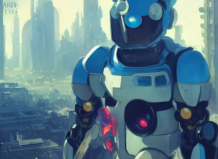 Image similar to megaman x still robotic man look at the cityscape from roof perfect face fine realistic face pretty face neon puffy jacket blue futuristic sci - fi elegant by denis villeneuve tom anders zorn hans dragan bibin thoma greg rutkowski ismail inceoglu illustrated sand storm alphonse mucha