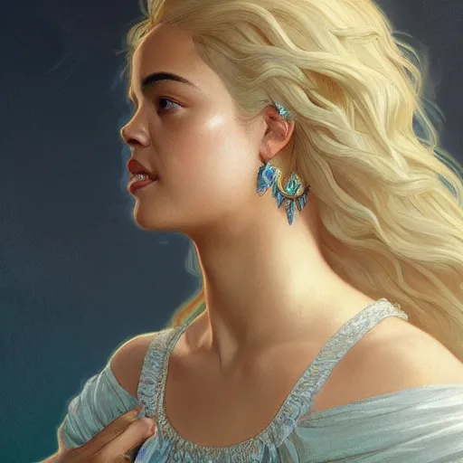 Image similar to full figure ultra realistic illustration, tessa thompson wearing a maiden blue dress, blonde flowy hair, old west, intricate, elegant, highly detailed, digital painting, artstation, concept art, smooth, sharp focus, illustration, art by artgerm and greg rutkowski and alphonse mucha