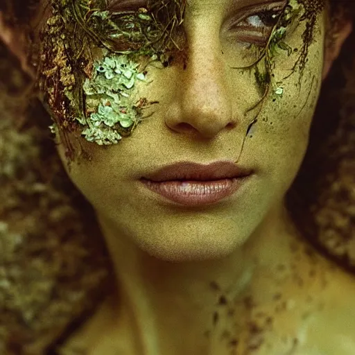 Image similar to beautiful portrait of a woman\'s face, her skin covered in moss and flowers, golden sunlight, extremely detailed, hyperrealistic, photo by annie leibovitz, masterpiece, award-winning