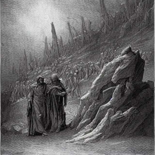 Image similar to an engraving of dante and virgil on the hellish plain of ice by gustave dore