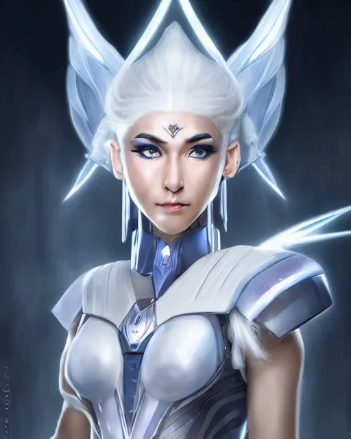 Image similar to perfect white haired attractive egyptian goddess, warframe armor, beautiful, symmetric, dreamy, half asian, pretty face, blue eyes, khaleesi, detailed, scifi platform, laboratory, experiment, 4 k, ultra realistic, epic lighting, android body, illuminated, cinematic, masterpiece, art by akihito tsukushi, voidstar