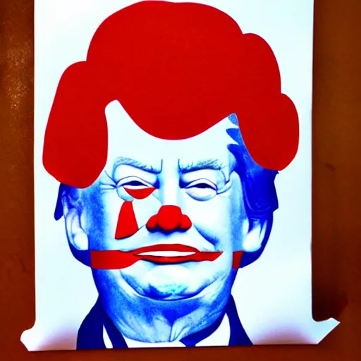 Prompt: donald trump as sad ronald mcdonald holding paper bag, watercolor, vignette