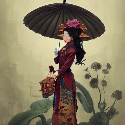 Image similar to steampunk Chinese lady with umbrella, detailed, digital painting, concept art, smooth, sharp focus, illustration, art by Sam Spratt, Dan Mumford, Artem Demura and Alphonse Mucha