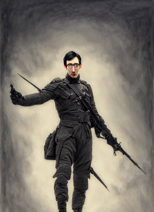 Image similar to painting of john oliver with adam driver, john oliver, adam driver, stoic, full body, military uniform, fantasy, intricate, elegant, beautiful, highly detailed, charcoal, centered, dark, smokey, digital painting, concept art, smooth, sharp focus, illustration, art by artgerm, art by greg rutkowski, art by alphonse mucha