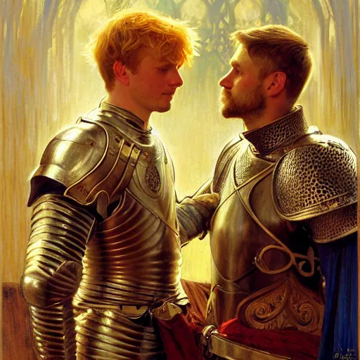 Image similar to attractive arthur pendragon and his attractive male knight, they are in love, natural lighting, path traced, highly detailed, high quality, digital painting, by gaston bussiere, craig mullins, alphonse mucha j. c. leyendecker