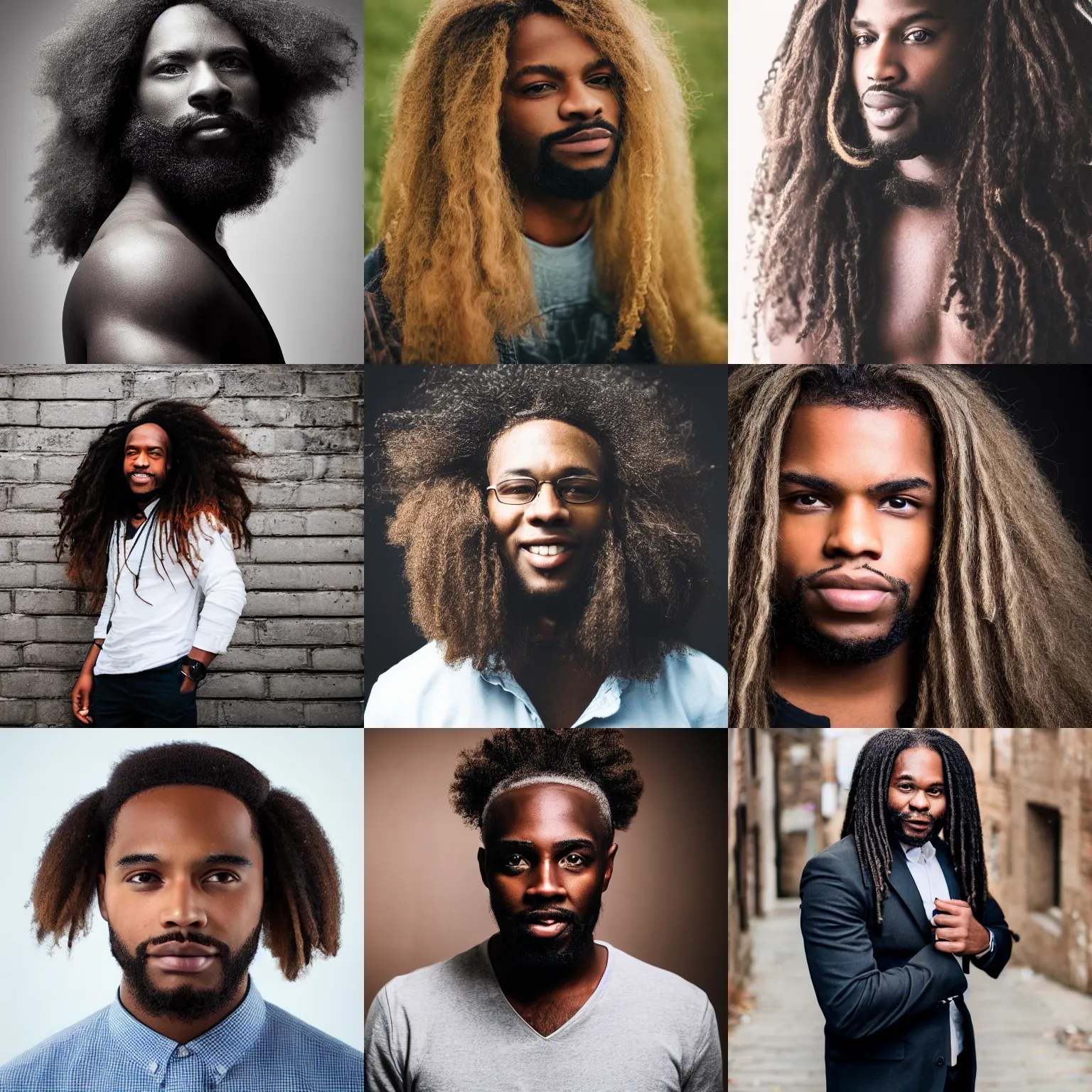 Prompt: regular black man with long blond hair, professional photography canon