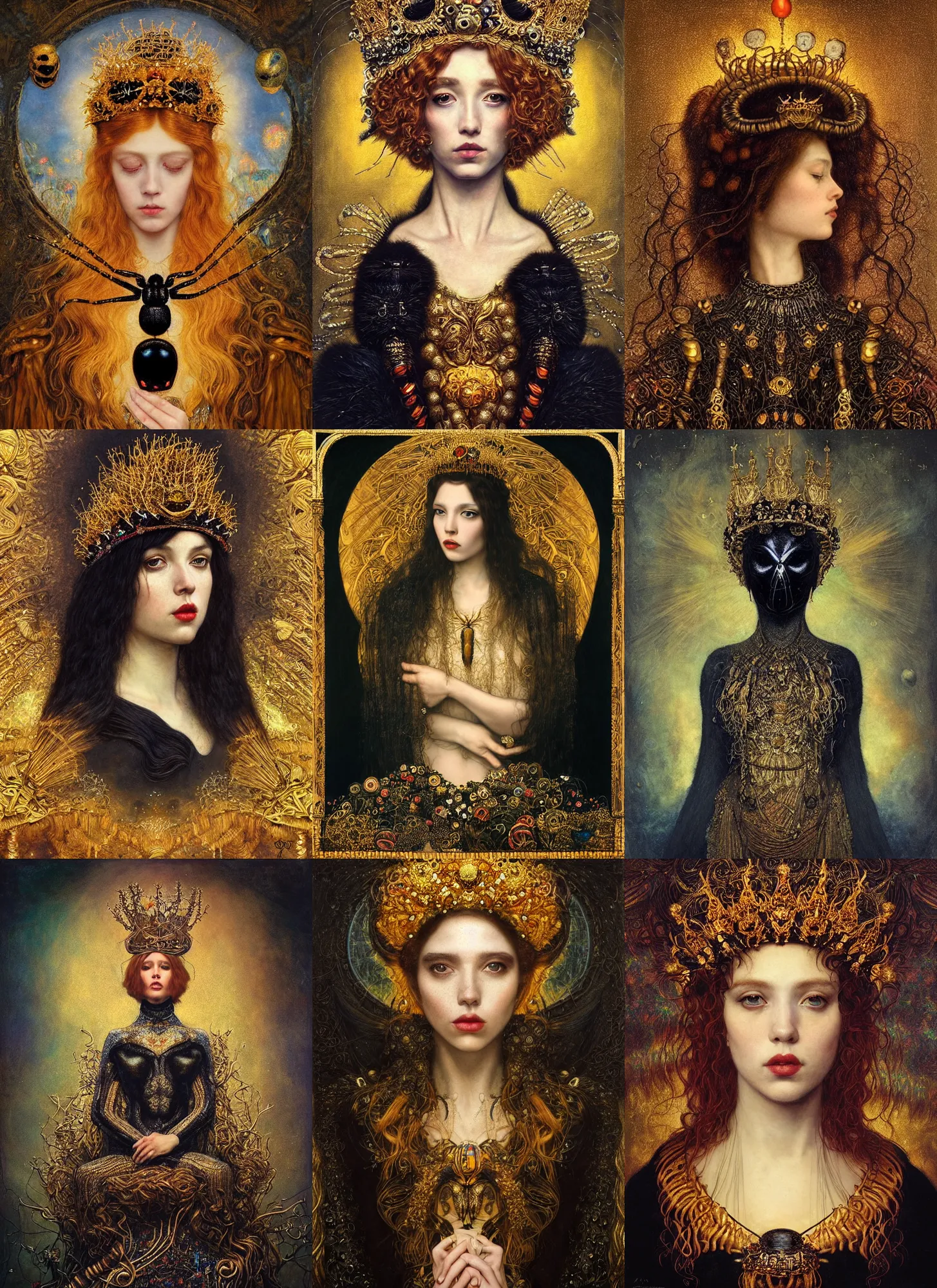 Prompt: “A majestic portrait of an black widow spider wearing a crown, on a throne made of intricate threads, titian, Tom Bagshaw, Sam Spratt, maxfield parrish, gustav klimt, high detail, 8k, holy light rays, intricate vibrant iridescent colors, black and gold”