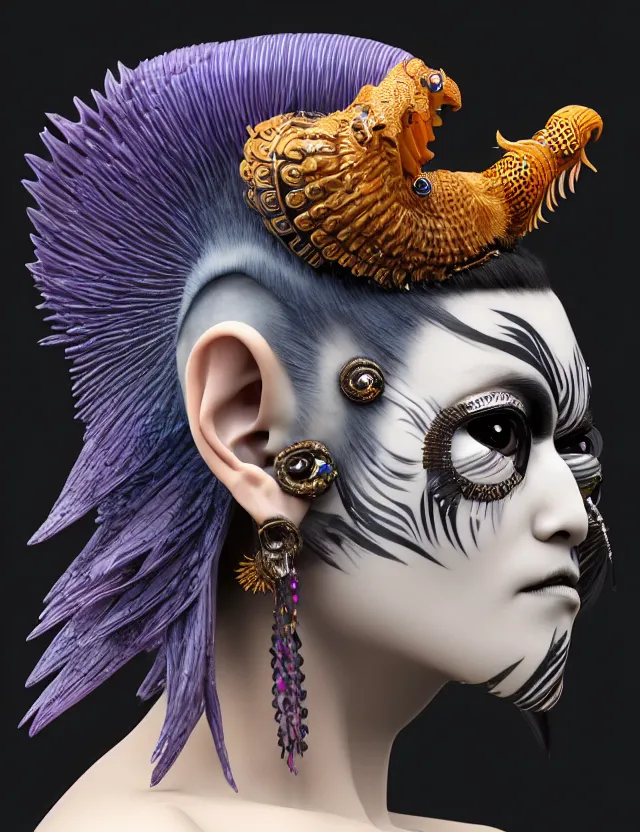 Image similar to 3 d goddess close - up profile portrait punk with mohawk with ram skull. beautiful intricately detailed japanese crow kitsune mask and clasical japanese kimono. betta fish, jellyfish phoenix, bio luminescent, plasma, ice, water, wind, creature, artwork by tooth wu and wlop and beeple and greg rutkowski