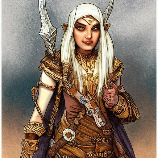 Image similar to Emeth the elven desert bandit. Arabian style. Epic portrait by james gurney and Alfonso mucha (lotr, witcher 3, dnd, dragon age, gladiator, scoia'tael). Practical light armor.