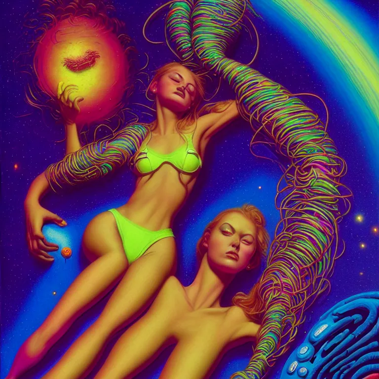 Prompt: cosmic girl, 2 0 yo, reclining close - up, bright neon colors, highly detailed, cinematic, tim white, michael whelan, roger dean, bob eggleton, philippe druillet, vladimir kush, kubrick, alfred kelsner