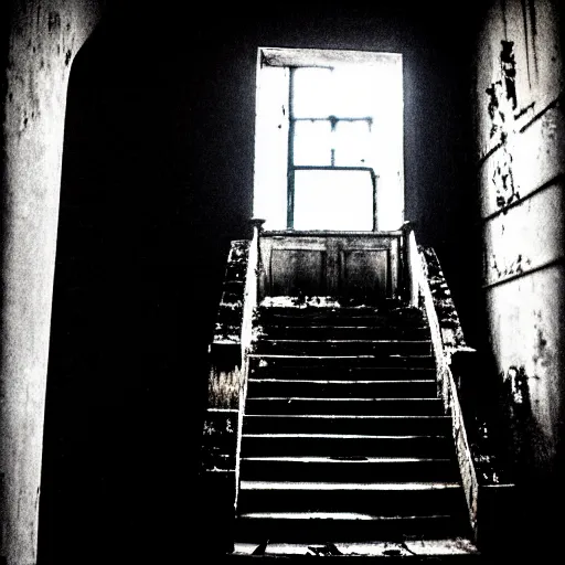 Prompt: grainy photograph of a dark and dilapidated staircase with 2 1 savage sitting on the bottom step, positioned at the bottom step looking up the staircase, a ghost inn the darkness at the top of the stairs