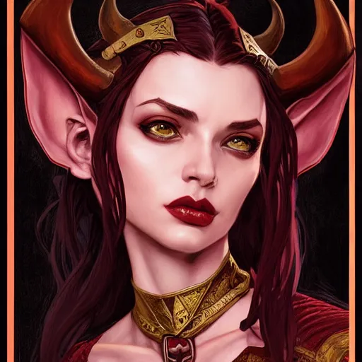 Prompt: an epic fantasy comic book style portrait painting of a teifling rouge with medium long dark hair, d & d, fantasy, intricate, elegant, highly detailed, digital painting, artstation, concept art, matte, sharp focus, illustration, art by artgerm and greg rutkowski and alphonse mucha
